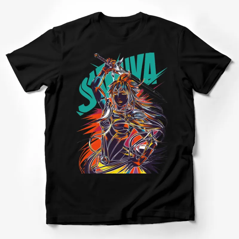 Vibrant Warrior Woman T-Shirt, Colorful Female Samurai Graphic Tee, Bold Action Figure Art Male T-Shirt