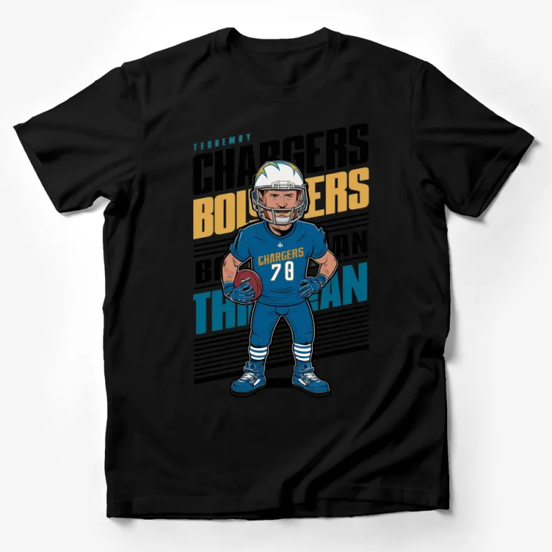 Chargers Football Player Graphic T-Shirt, Bold Blue Sports Fan Tee, Unique Athletic Shirt Design Male T-Shirt