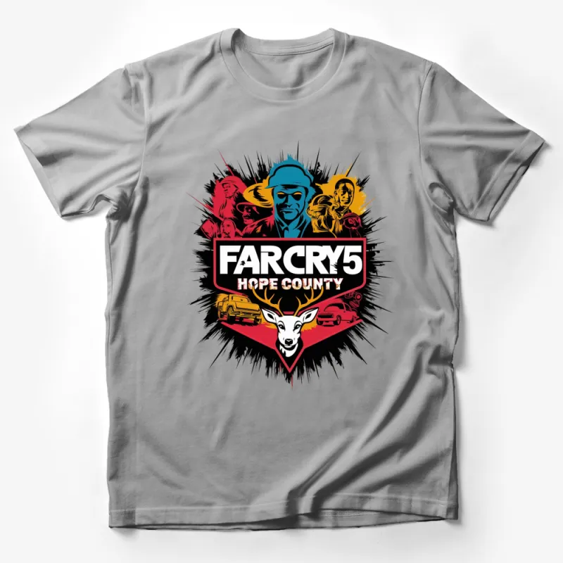 Far Cry 5 Hope County Video Game Graphic T-Shirt, Colorful Fan Art Tee, Unique Gamer Gift Male T-Shirt