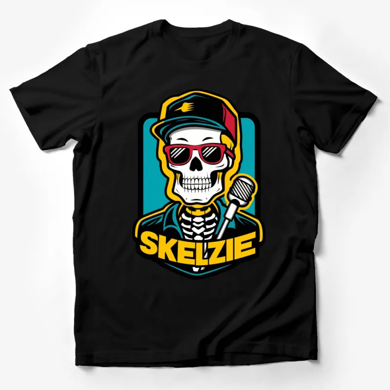 Cool Skelzie Skeleton T-Shirt with Microphone, Skull Graphic Tee, Retro Style Music Lover Shirt Male T-Shirt