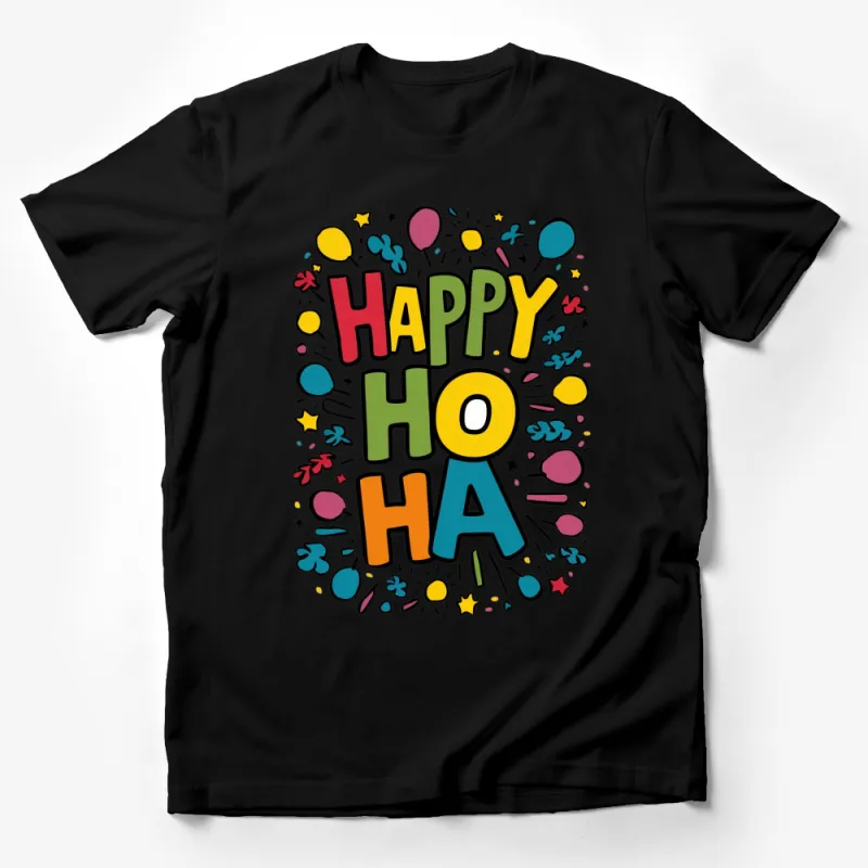 Colorful Happy Haha T-Shirt with Festive Balloons and Confetti Design, Unisex Graphic Tee, Perfect Party Wear Male T-Shirt