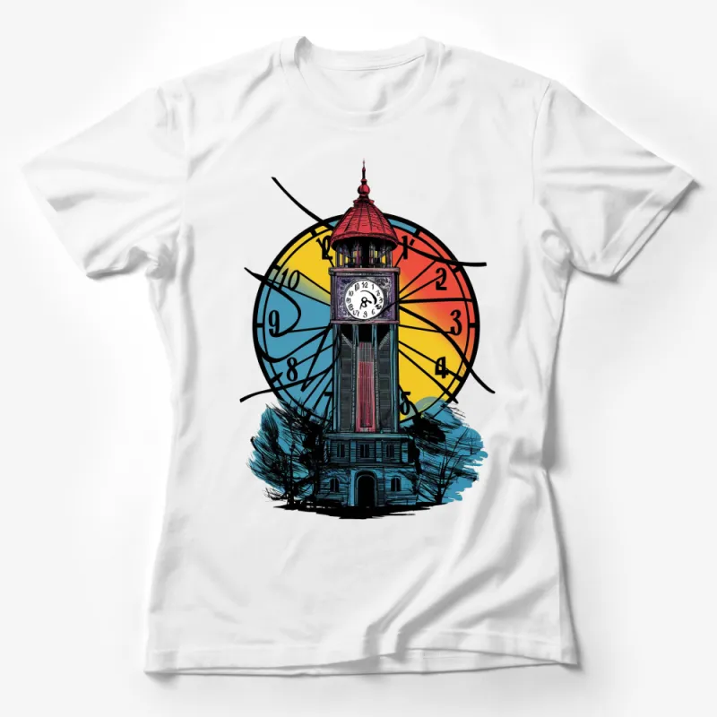 Colorful Clock Tower Graphic T-Shirt, Artistic Timepiece Design, Unisex Fashion Tee Female T-Shirt