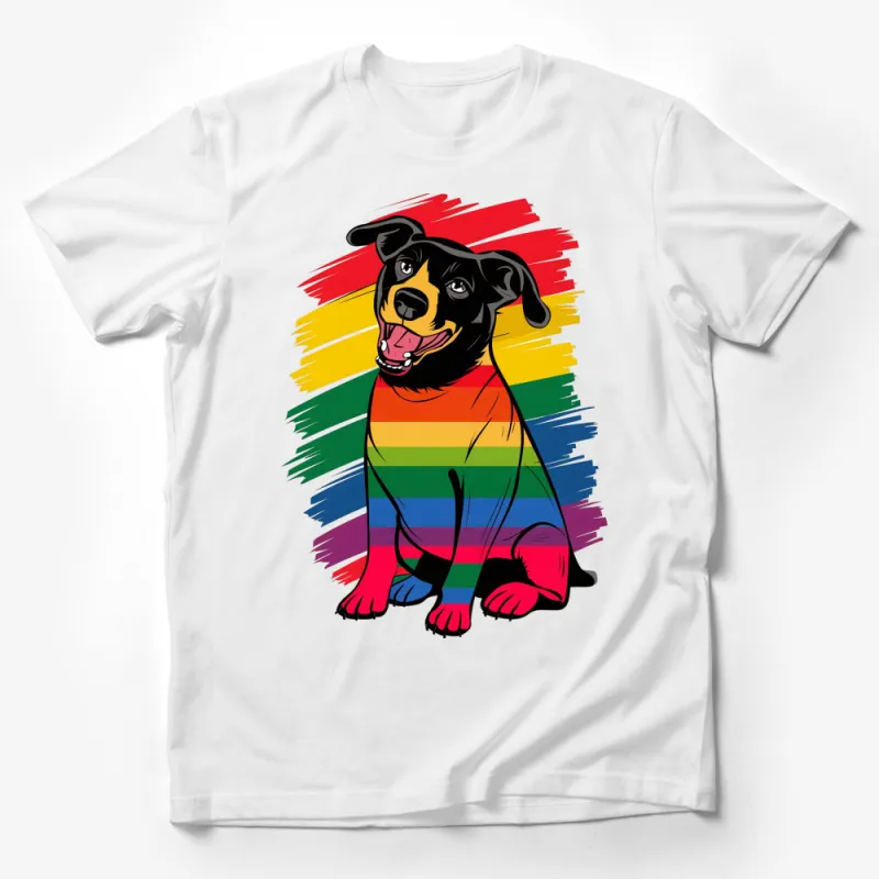 Colorful Rainbow Striped Dog T-Shirt, Cute Pet Lover Graphic Tee, Vibrant Animal Design, Unisex Fashion Male T-Shirt