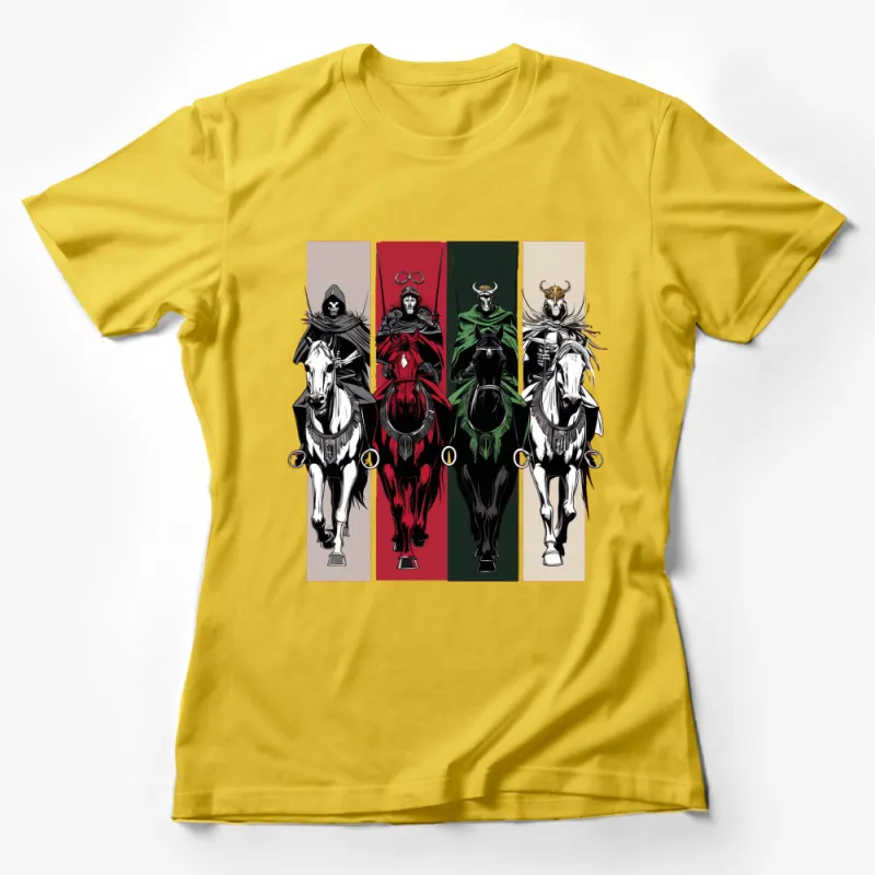 Four Horsemen of the Apocalypse Graphic T-Shirt, Unique Mythology Art, Stylish Streetwear Female T-Shirt