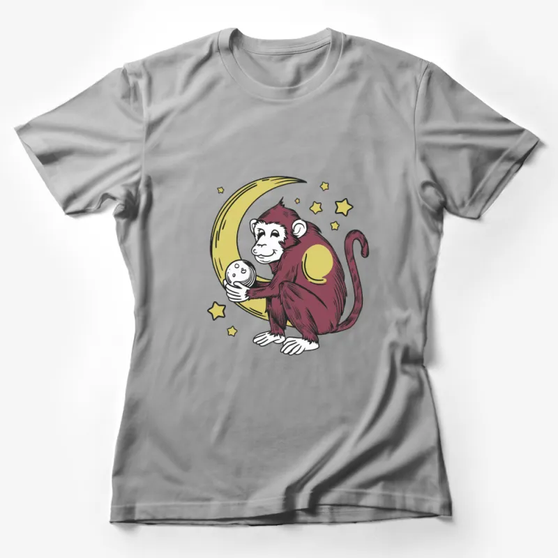 Monkey on Crescent Moon T-Shirt, Cute Space Theme Tee, Animal Graphic Shirt for All Ages, Unisex Female T-Shirt