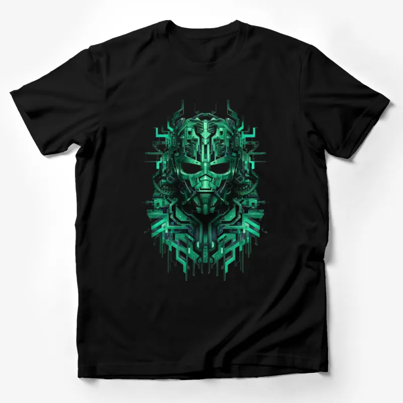 Cybernetic Skull T-Shirt, Futuristic Robot Face, Neon Green Tech Wear Male T-Shirt