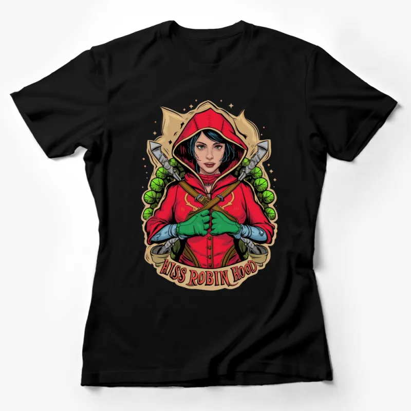 Miss Robin Hood Fantasy Art T-Shirt, Female Archer Comic Style, Red Hood Graphic Tee, Unique Illustration Female T-Shirt