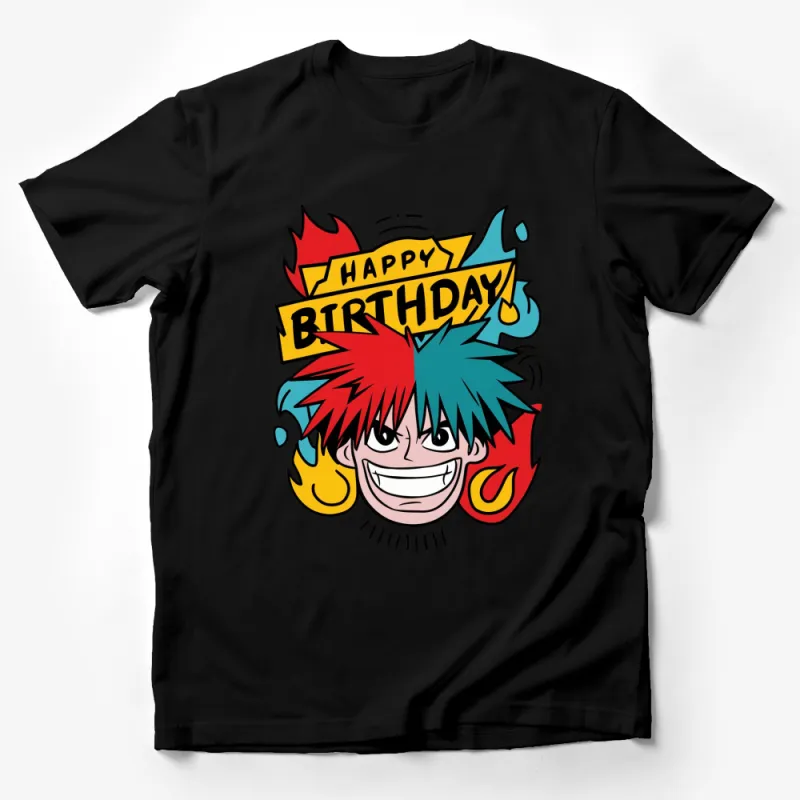 Colorful Anime Inspired Happy Birthday Graphic T-Shirt, Fun Cartoon Character Tee, Unisex Male T-Shirt