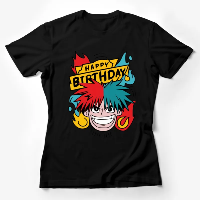 Colorful Anime Inspired Happy Birthday Graphic T-Shirt, Fun Cartoon Character Tee, Unisex Female T-Shirt