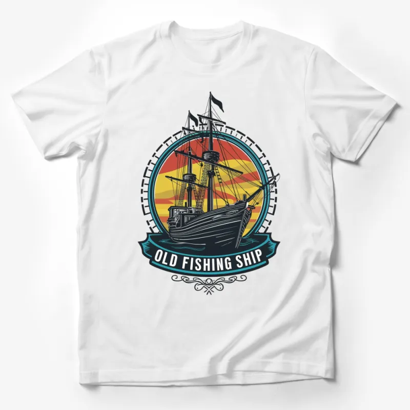 Old Fishing Ship Graphic T-Shirt, Vintage Nautical Boat, Sunset Ocean Theme, Unisex Tee Male T-Shirt