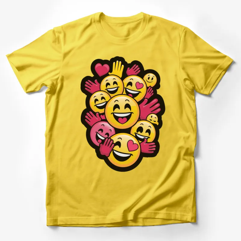 Colorful Happy Emojis T-Shirt, Smiley Faces and Hearts Unisex Tee, Gift for All Ages Male T-Shirt