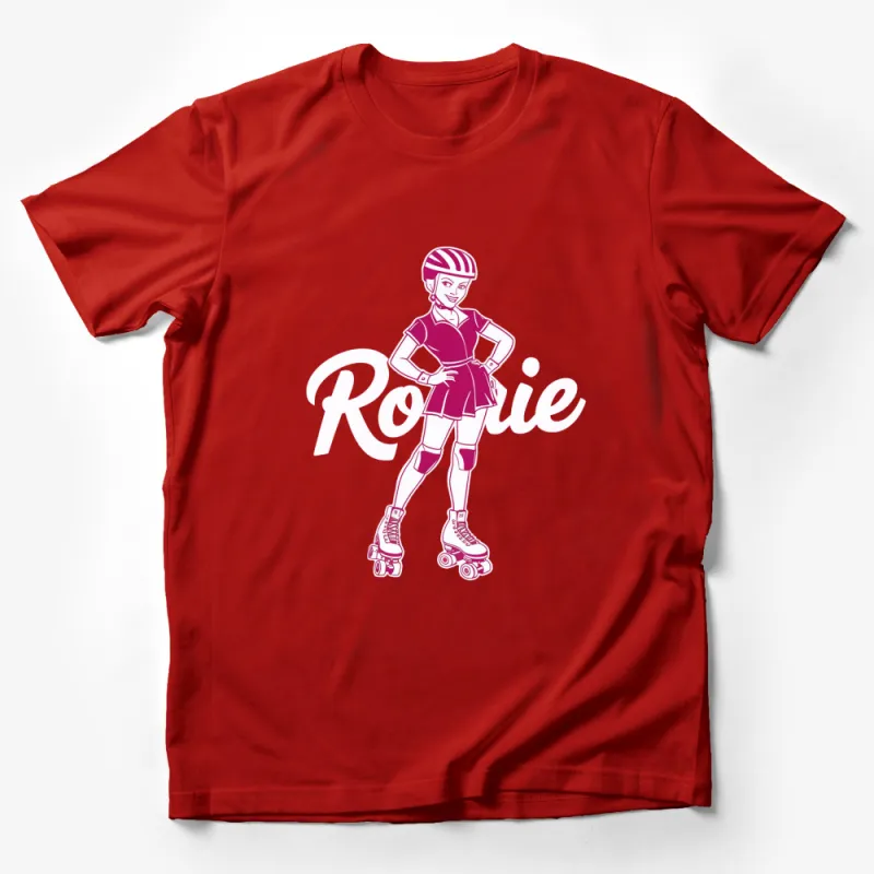 Retro Roller Skating Girl T-Shirt, Vintage 80s Style Tee, Bold Pink and White Graphic Male T-Shirt