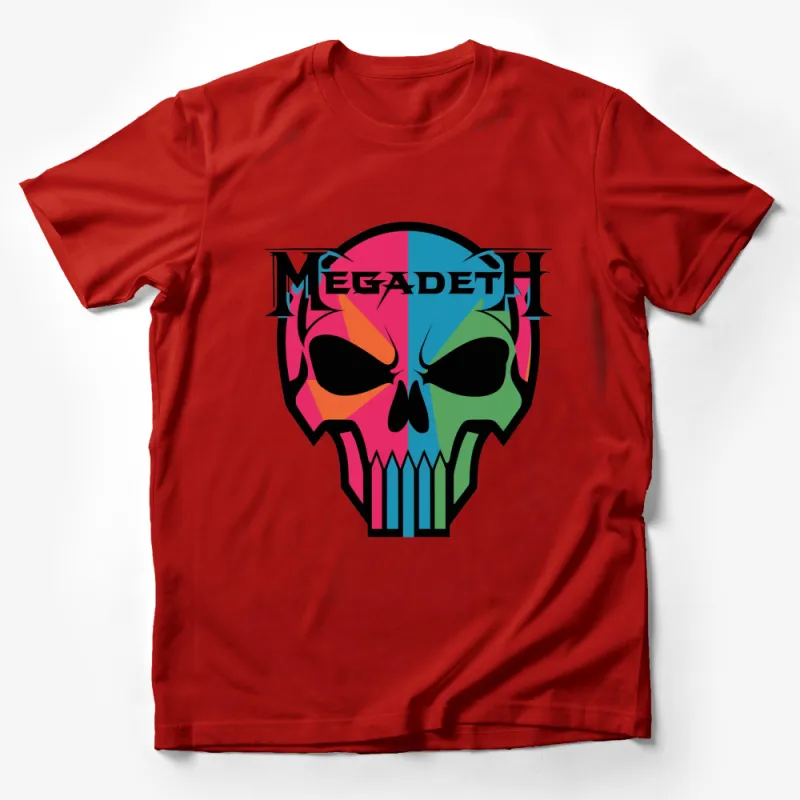 Megadeth Band Logo Skull T-Shirt, Vibrant Color Split, Rock Music Fan Apparel Male T-Shirt