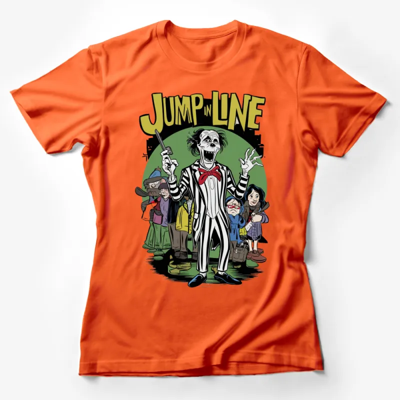 Jump In Line Beetle Inspired Graphic T-Shirt, Striped Suit Character Tee, Movie Fans Apparel Female T-Shirt