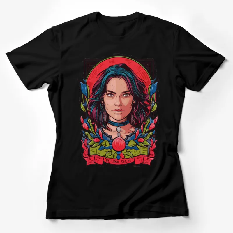 Vibrant Floral Woman Portrait T-Shirt, Colorful Feminine Art, Eye-catching Graphic Tee, Unique Fashion Top Female T-Shirt