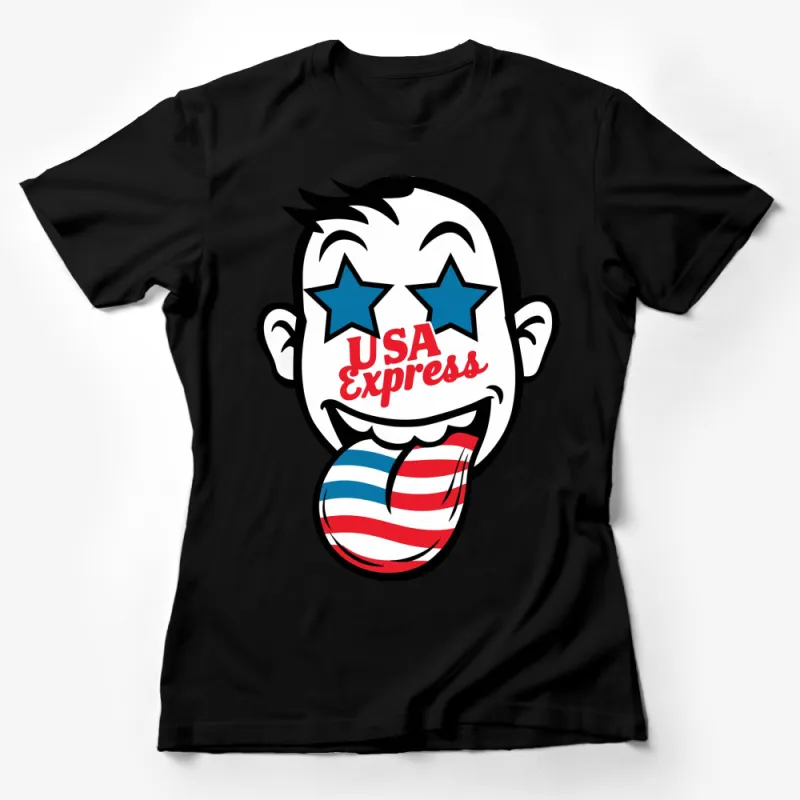 USA Express Graphic T-Shirt, Patriotic Cartoon Face with Stars, Unisex Tee, Red White and Blue Female T-Shirt