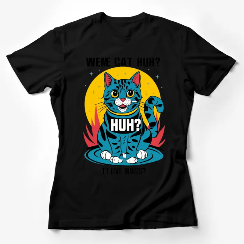 Funny Blue Cat T-Shirt, Retro Comic Style Graphic Tee, Weme Cat Huh? Casual Wear Unisex Female T-Shirt