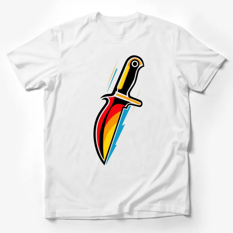 Retro Flame Dagger T-Shirt, Vibrant Colorful Knife Graphic, Stylish Unisex Tee Male T-Shirt