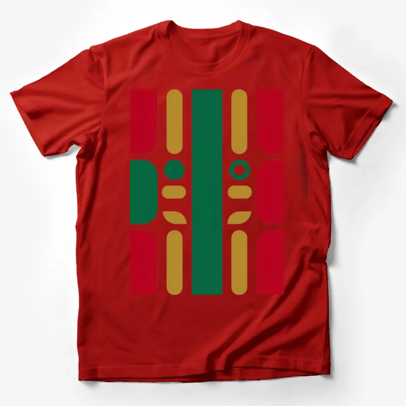 Abstract Art T-Shirt, Bold Geometric Pattern, Red Green Gold, Unisex Graphic Tee Male T-Shirt