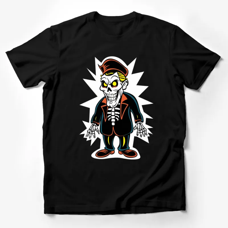 Funky Skeleton Cartoon T-Shirt, Colorful Halloween Graphic Tee, Unisex Male T-Shirt