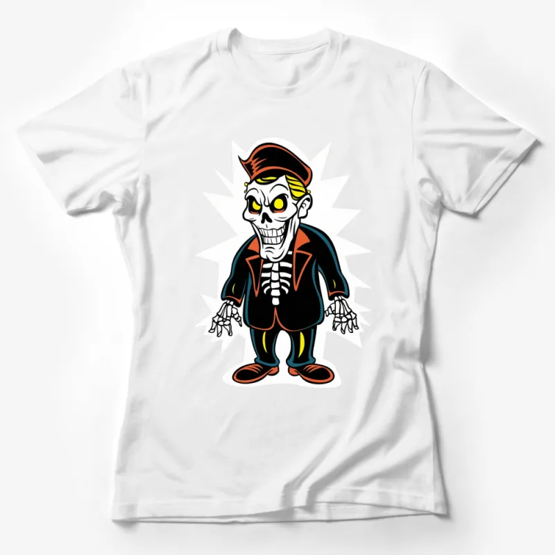 Funky Skeleton Cartoon T-Shirt, Colorful Halloween Graphic Tee, Unisex Female T-Shirt