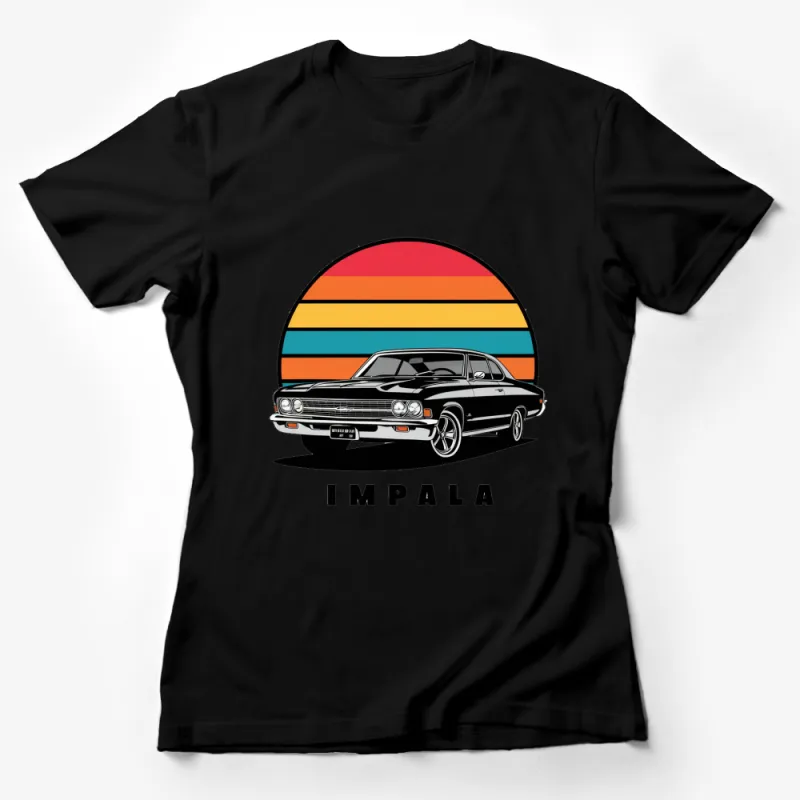 Vintage Impala Car T-Shirt, Retro Auto, Rainbow Striped Background, Classic Car Enthusiast Gift Female T-Shirt