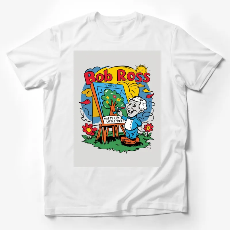 Bob Ross Happy Little Tree Retro Graphic T-Shirt, Colorful Artist Inspired Tee, Unique Gift for Art Lovers Male T-Shirt