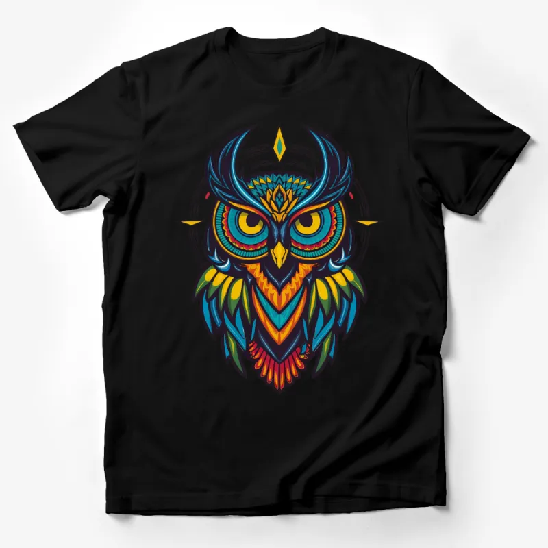 Colorful Owl Graphic T-Shirt, Vibrant Tribal Owl Design, Unisex Tee, Original Artwork Printed Shirt, Gift for Bird Lovers Male T-Shirt