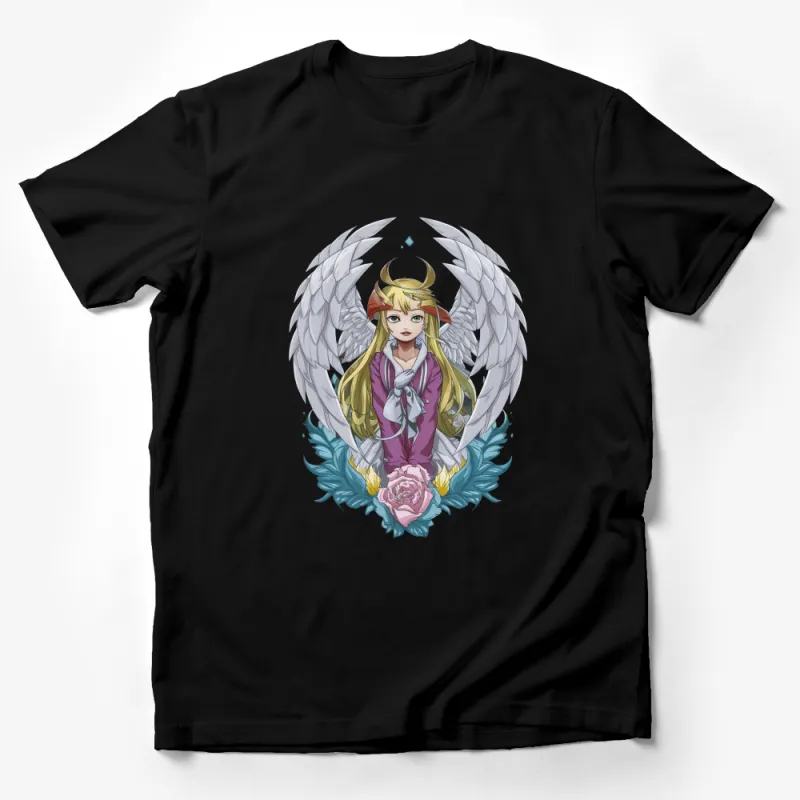 Angelic Fantasy Character T-Shirt, Elegant Elf Girl with Wings, Floral Graphic Tee, Unique Anime Inspired Apparel Male T-Shirt