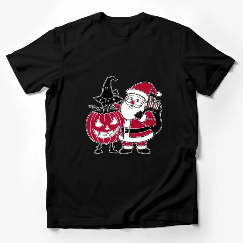 Christmas Meets Halloween Santa and Witch Pumpkin Tee, Unisex Holiday T-shirt, Festive Graphic Shirt Male T-Shirt