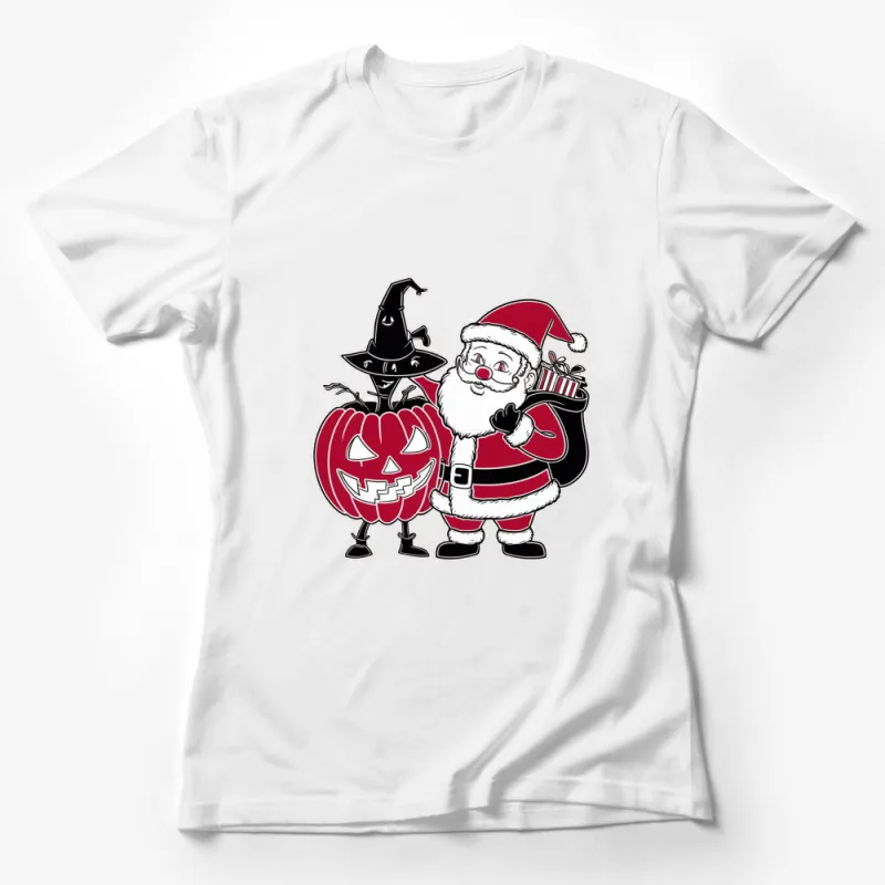 Christmas Meets Halloween Santa and Witch Pumpkin Tee, Unisex Holiday T-shirt, Festive Graphic Shirt Female T-Shirt