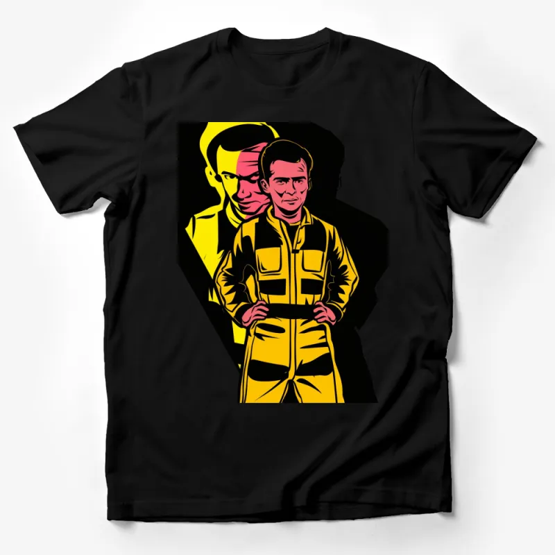 Retro Pop Art Style Racing Driver T-Shirt, Bold Graphic Tee, Yellow and Black Male T-Shirt