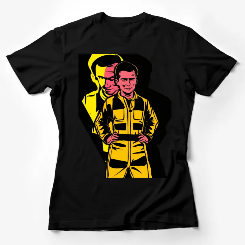 Retro Pop Art Style Racing Driver T-Shirt, Bold Graphic Tee, Yellow and Black Female T-Shirt