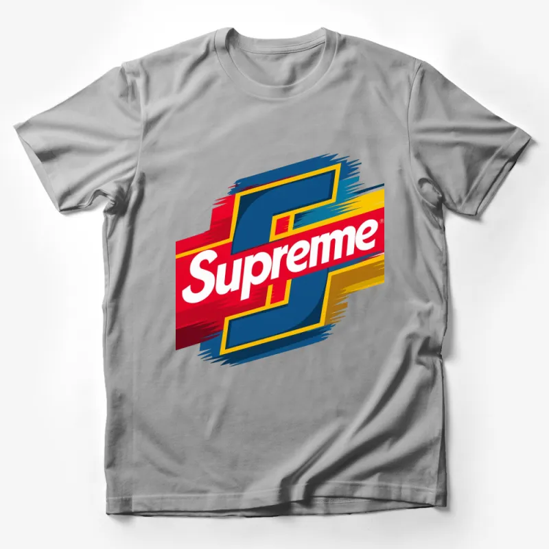 Colorful Supreme Logo Graphic Tee, Bold Streetwear Fashion T-Shirt, Unisex Casual Top Male T-Shirt