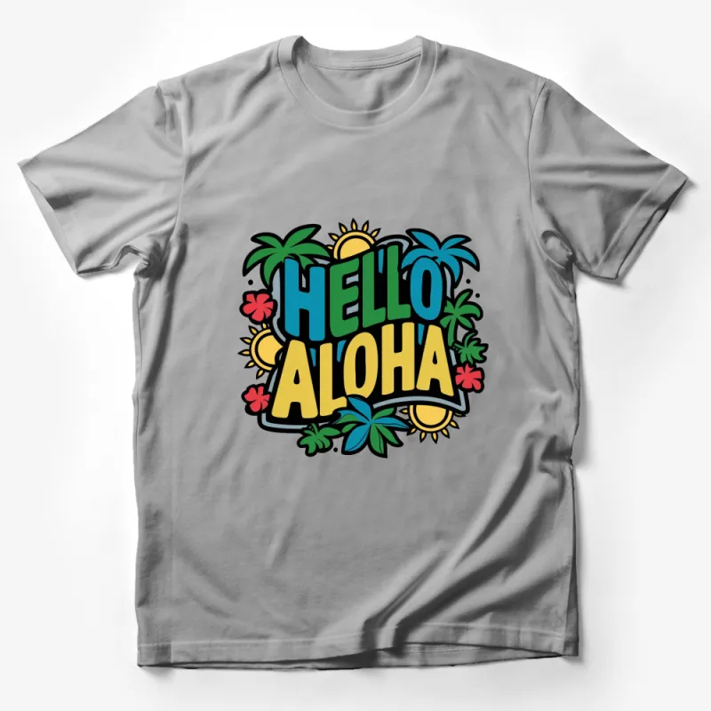 Tropical Hello Aloha T-Shirt, Summer Beach Tee, Colorful Palm Floral Design Male T-Shirt