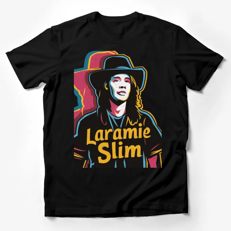 Vintage Laramie Slim Graphic T-Shirt, Retro Musician Print Tee, Colorful Pop Art Style, Unisex Apparel Male T-Shirt