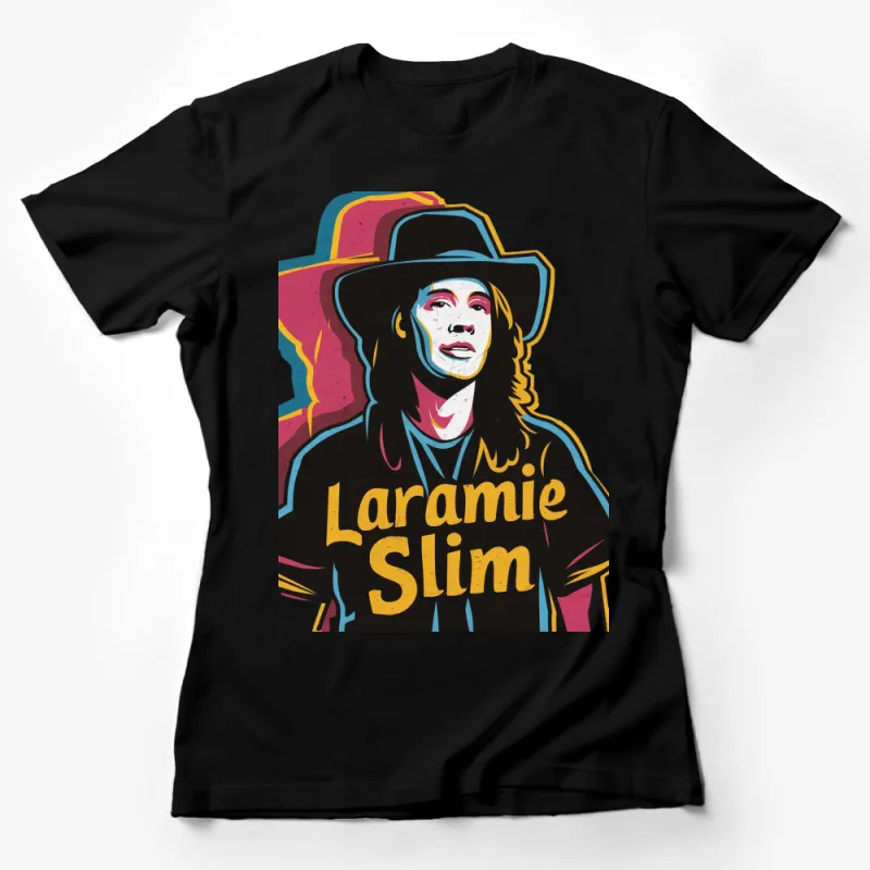 Vintage Laramie Slim Graphic T-Shirt, Retro Musician Print Tee, Colorful Pop Art Style, Unisex Apparel Female T-Shirt