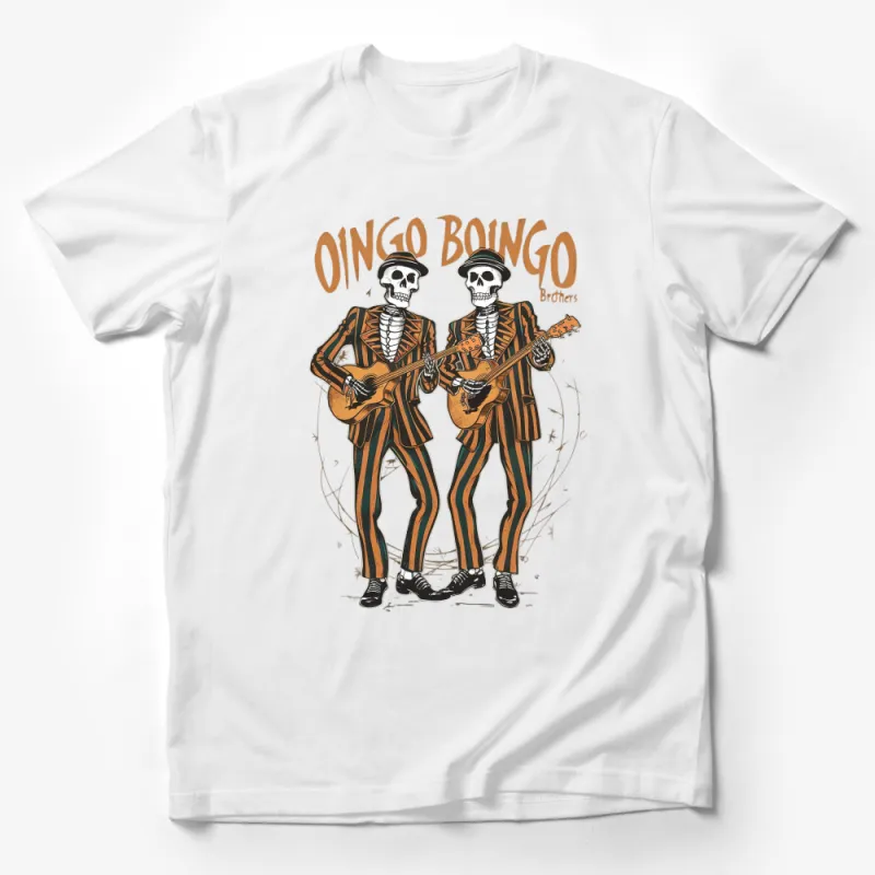 Oingo Boingo Brothers Skeleton Band T-Shirt, Unique Halloween Graphic Tee, Musical Skeletons Design, Striped Suits Male T-Shirt