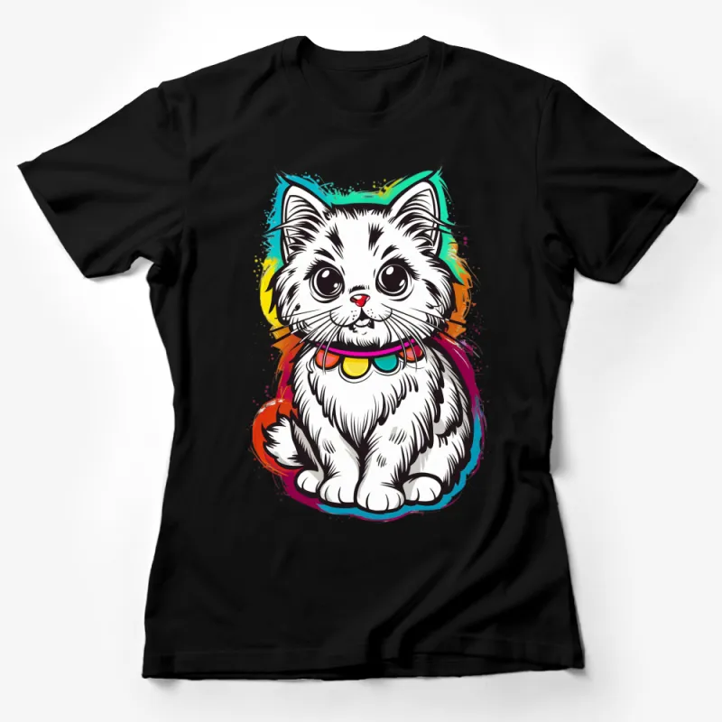 Cute Cat T-Shirt, Colorful Kitten Graphic Tee, Bright Colors, Pet Lover Gift, Casual Wear for All Ages Female T-Shirt