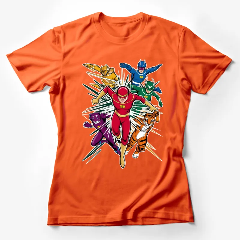 Colorful Superhero Team Graphic T-Shirt, Vibrant Comic Book Characters, Unisex Tee Female T-Shirt