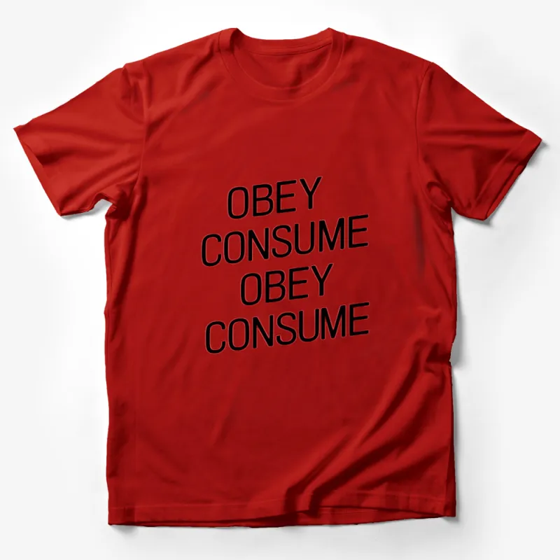 Obey Consume Repeat Bold Text Graphic T-Shirt, Red and White Statement Tee, Eye-catching Top Male T-Shirt