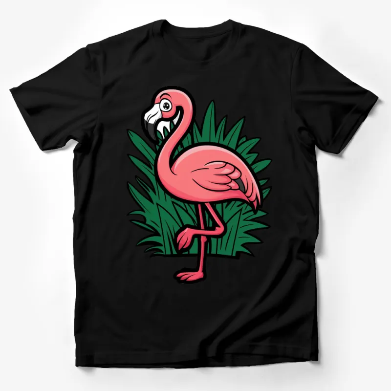 Colorful Flamingo Graphic T-Shirt, Tropical Bird Lover Tee, Pink Flamingo in Green Foliage, Unisex Shirt for Adults Male T-Shirt