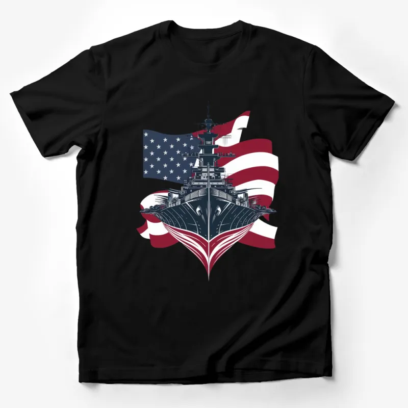 Patriotic Naval Ship with American Flag Design T-Shirt, Military Inspired Graphic Tee, Unisex Apparel Male T-Shirt