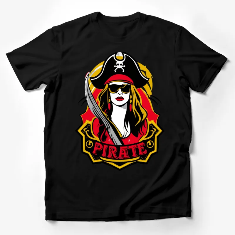 Pirate Queen Graphic T-Shirt, Bold Red and Black Design, Women's Stylish Pirate Apparel Male T-Shirt