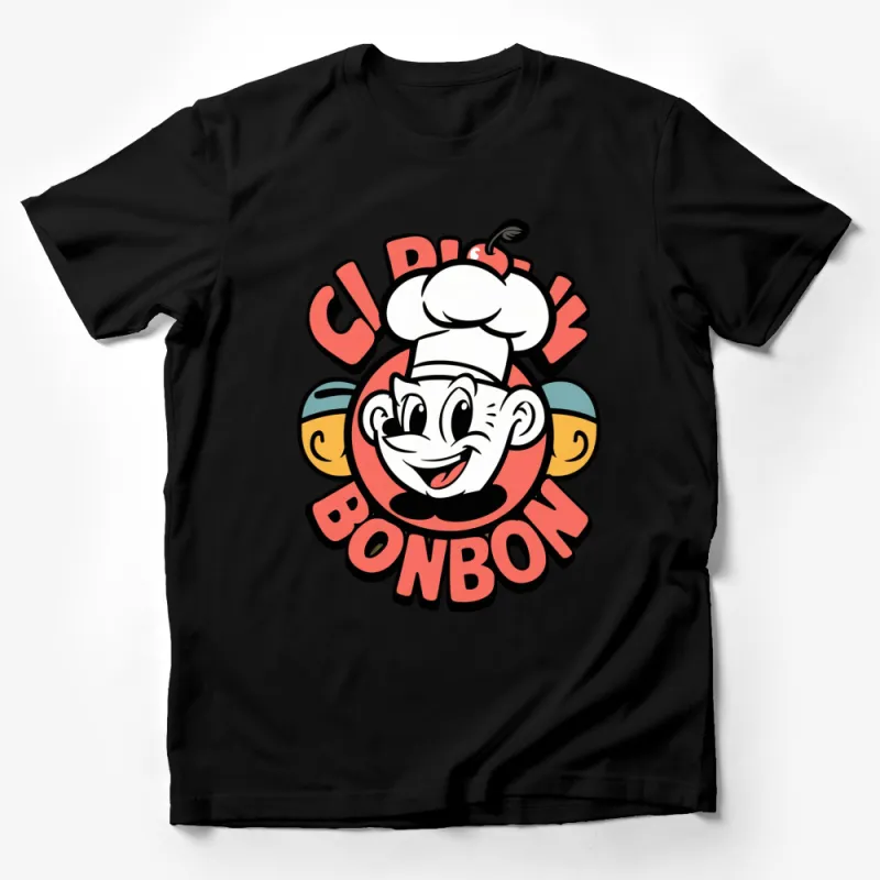 Vintage Chef Bonbon Graphic T-Shirt, Retro Cartoon Chef Design Tee, Colorful Kitchen Apparel Male T-Shirt