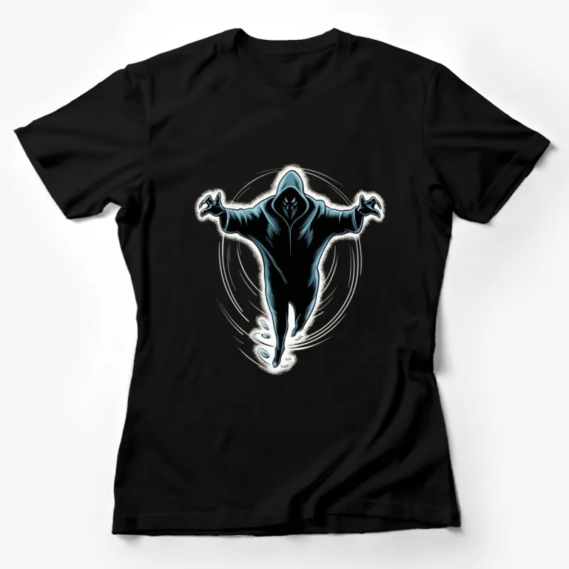 Mysterious Hooded Figure Graphic T-Shirt, Dark Fantasy Art, Unique Streetwear Design, Cool Urban Tee Female T-Shirt