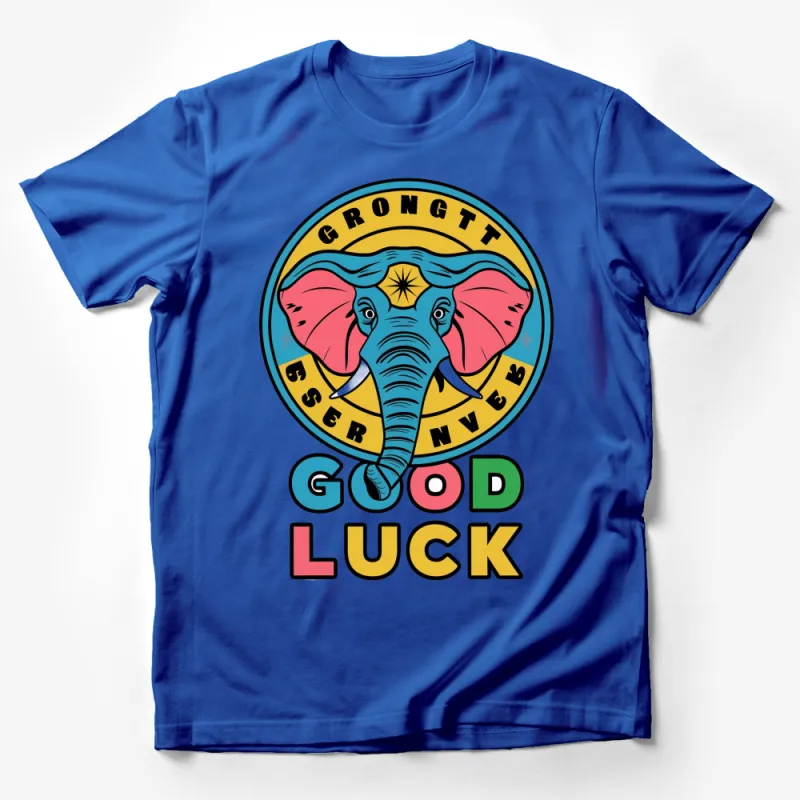 Colorful Elephant Graphic T-Shirt, Good Luck Motif, Retro Style Tee, Unisex Fashion Top Male T-Shirt