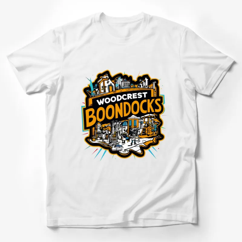 Urban Inspired Boondocks T-Shirt, Woodcrest Graphic Tee, Vibrant City and Characters Design, Unisex Male T-Shirt