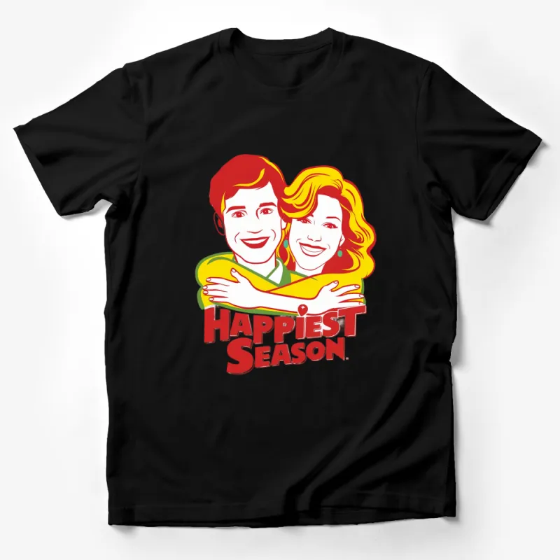 Happiest Season Couple Embrace T-Shirt, Bright Colorful Graphic Tee, Unisex Male T-Shirt