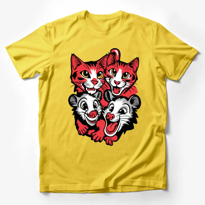 Red and Black Colorful Cats and Skunk Cartoon T-Shirt, Cute Animal Faces Tee, Unisex Graphic Shirt Male T-Shirt